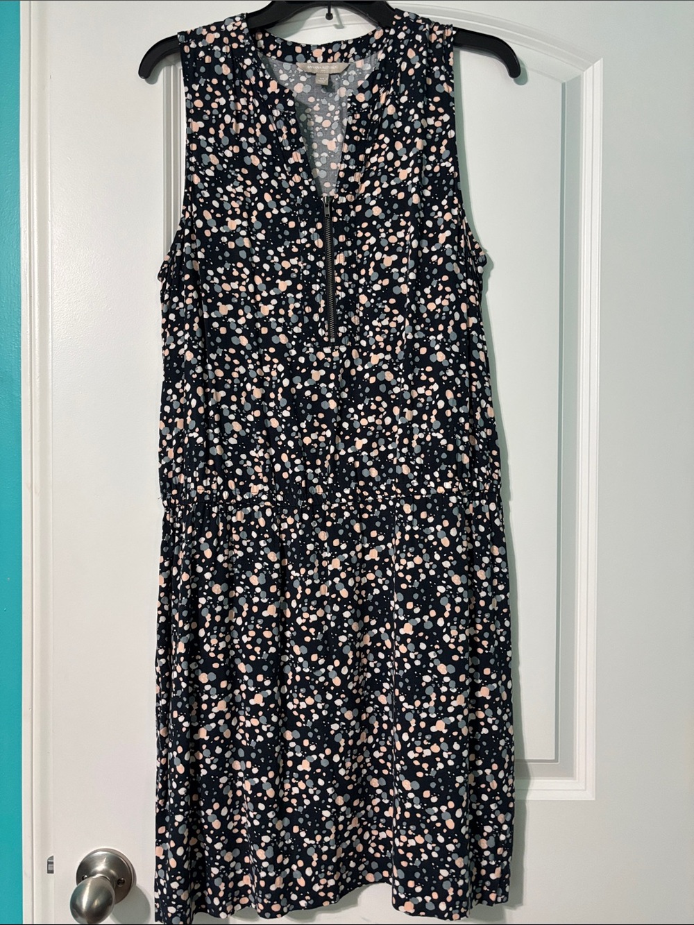 Banana Republic Black Sleeveless Midi Dress with Pink and White Dot Print